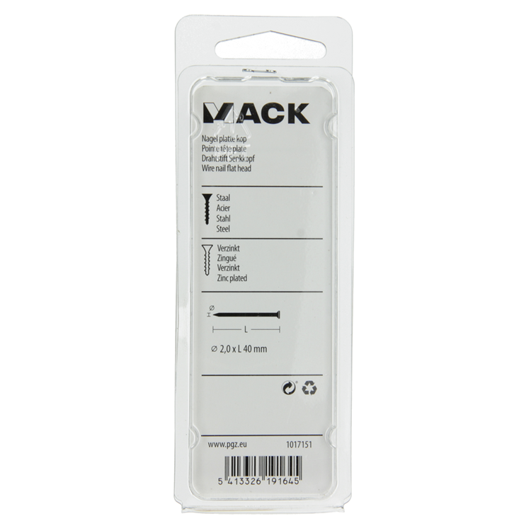 Mack 1017151 - nagel platte kop staal verzinkt 100 gr 2,0 x 40 mm | 5 stuks