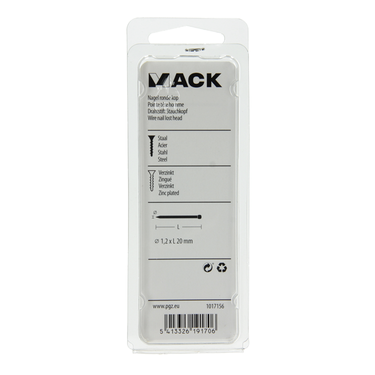 Mack 1017156 - nagel ronde kop staal verzinkt100 gr 1,2 x 20 mm | 5 stuks