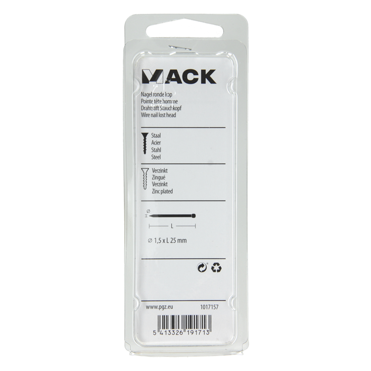 Mack 1017157 - nagel ronde kop staal verzinkt100 gr 1,5 x 25 mm | 5 stuks