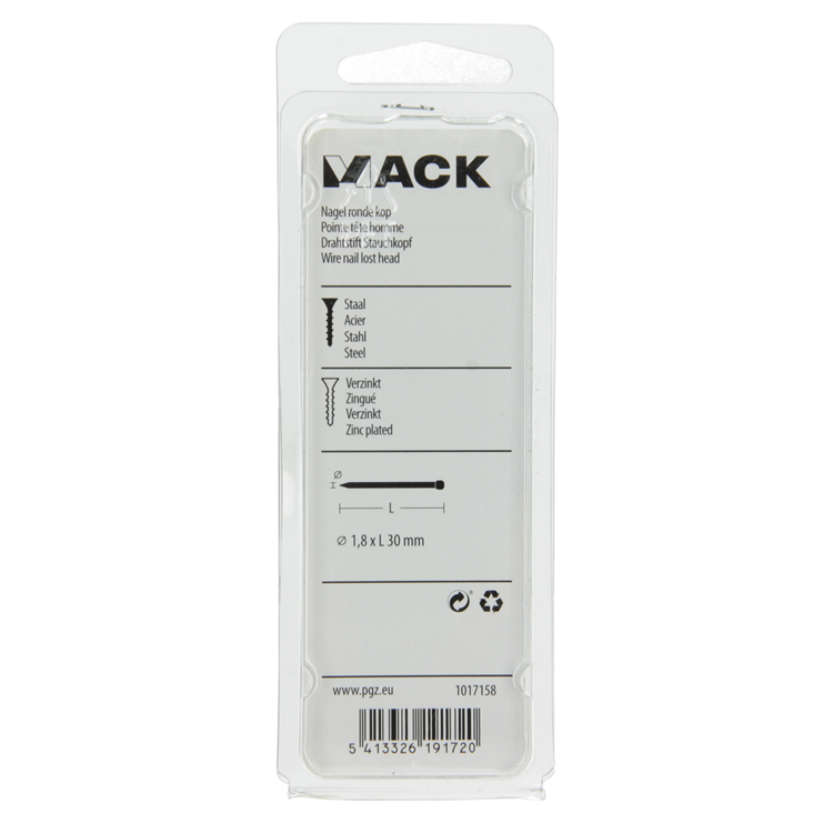 Mack 1017158 - nagel ronde kop staal verzinkt100 gr 1,8 x 30 mm | 5 stuks
