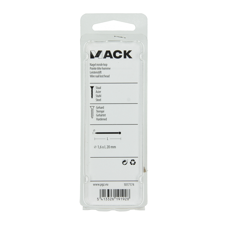 Mack 1017174 - nagel ronde kop staal gehard 45 gr 1,6 x 20 mm | 10 stuks