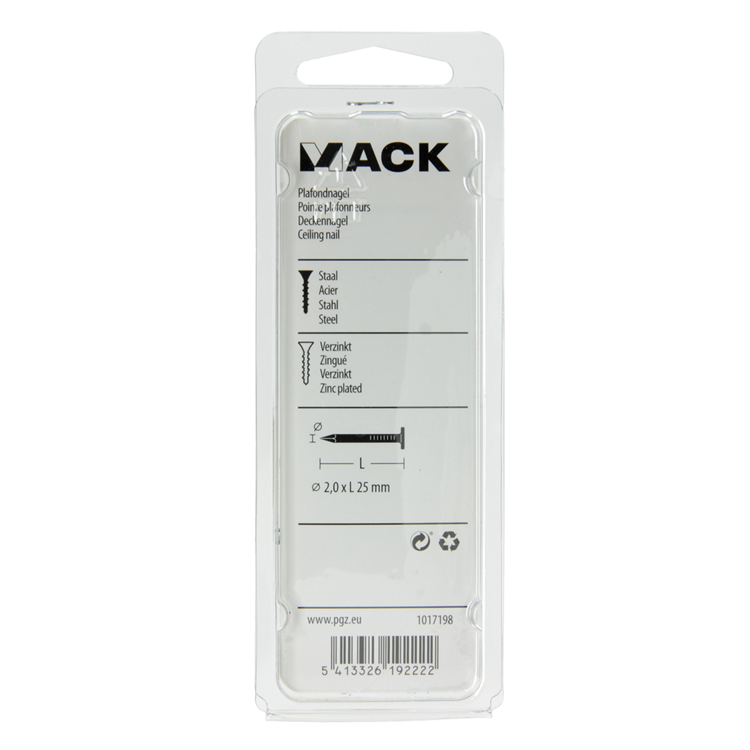 Mack 1017198 - plafondnagel staal verzinkt 90 gr 2,0 x 25 mm | 5 stuks