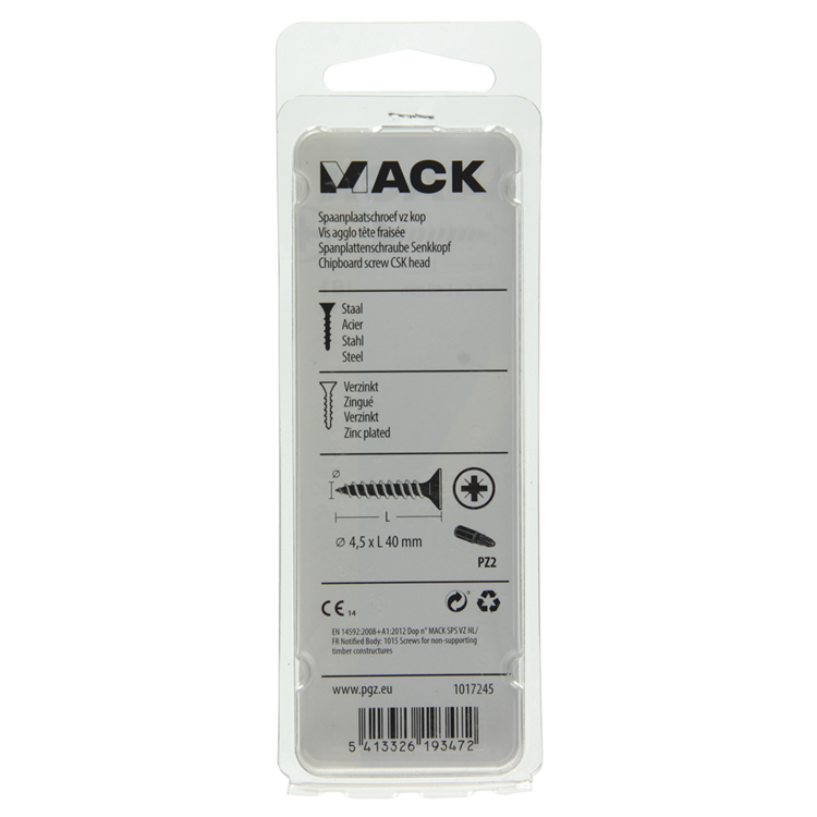 Mack 1017245 - spaanplaatschroef vz kop geelverz.15 st 4,5 x 40 mm | 10 stuks