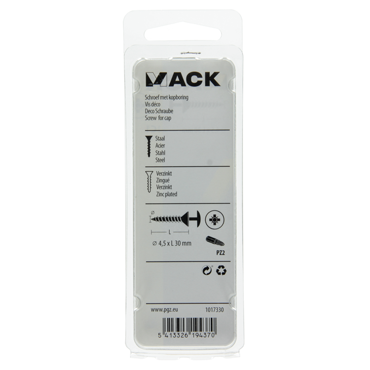 Mack 1017330 - schroef met kopboring staal verz. 12 st 4,5 x 30 mm | 10 stuks