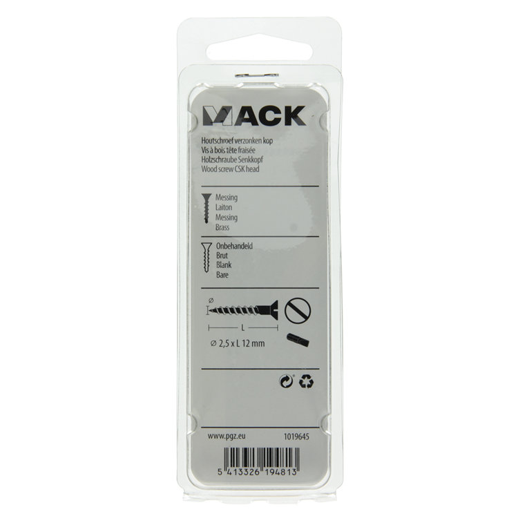 Mack 1019645 - houtschroef verzonken kop messing 12st 2,5 x 12 mm | 10 stuks