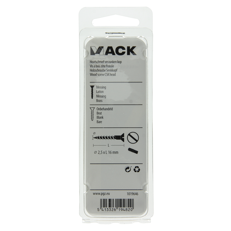 Mack 1019646 - houtschroef verzonken kop messing 11st 2,5 x 16 mm | 10 stuks