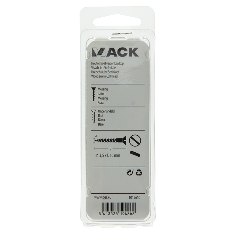 Mack 1019650 - houtschroef verzonken kop messing 12st 3,5 x 16 mm | 10 stuks