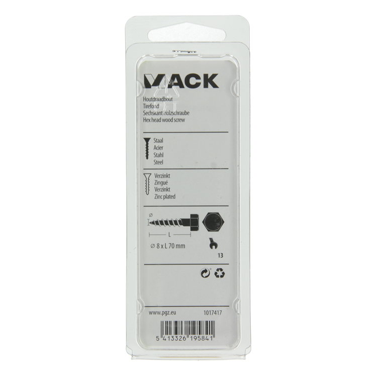 Mack 1017417 - houtdraadbout staal verzinkt 5 st 8 x 70 mm | 5 stuks