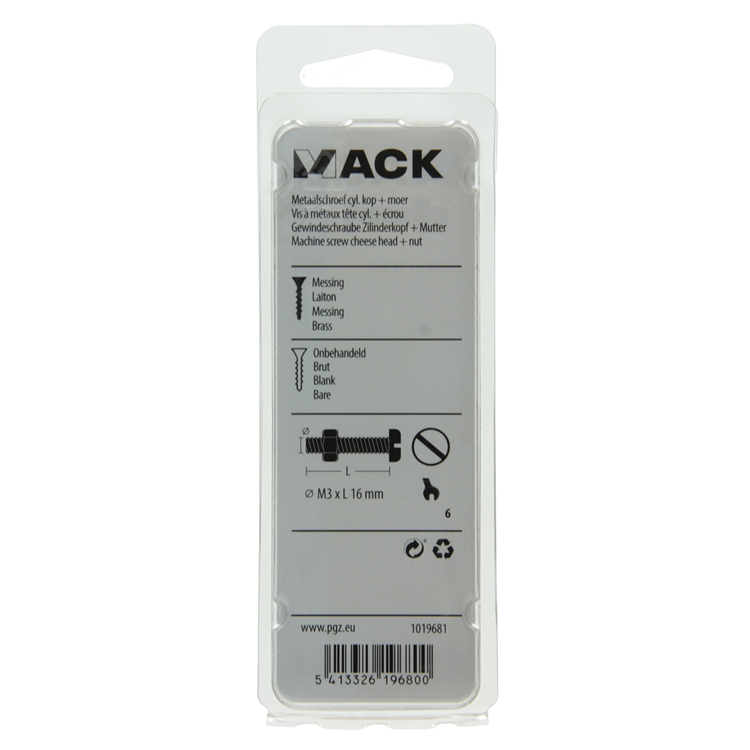 Mack 1019681 - metaalschroef cyl.kop + moer messing 8st m3 x 16 mm | 10 stuks