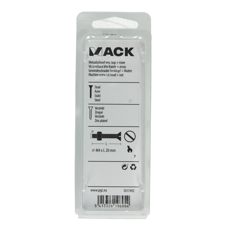 Mack 1017492 - metaalschroef verz. kop + moer verz. 18st m4 x 20 mm | 10 stuks