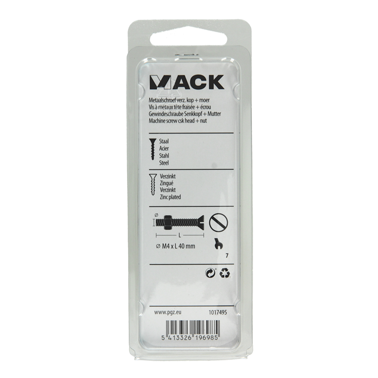 Mack 1017495 - metaalschroef verz. kop + moer verz. 12st m4 x 40 mm | 10 stuks