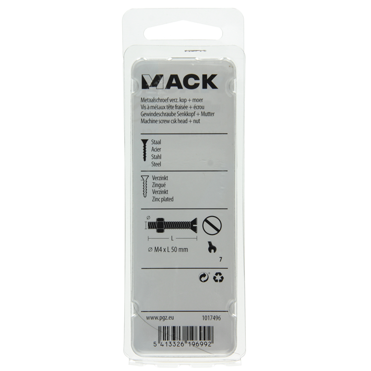 Mack 1017496 - metaalschroef verz. kop + moer verz. 9 st m4 x 50 mm | 10 stuks