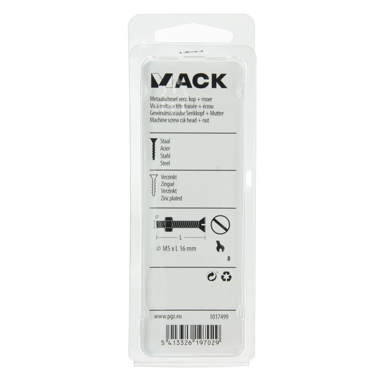 Mack 1017499 - metaalschroef verz. kop + moer verz. 16st m5 x 16 mm | 10 stuks