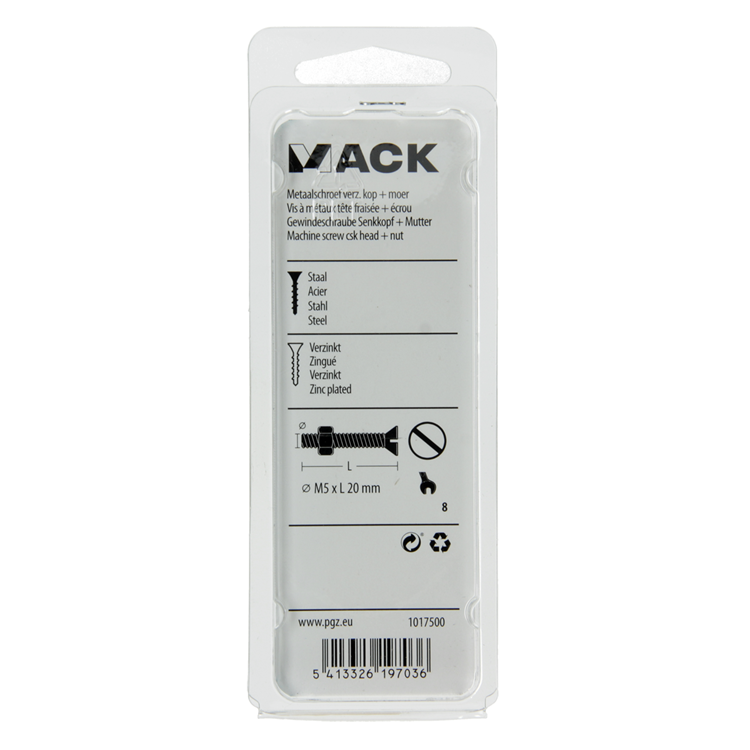 Mack 1017500 - metaalschroef verz. kop + moer verz. 15st m5 x 20 mm | 10 stuks