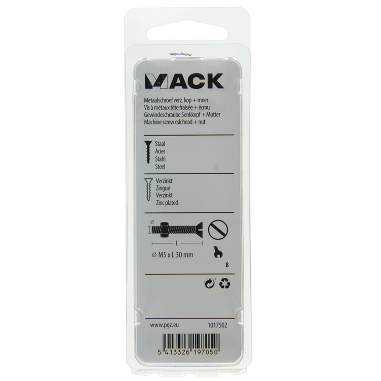 Mack 1017502 - metaalschroef verz. kop + moer verz. 13st m5 x 30 mm | 10 stuks