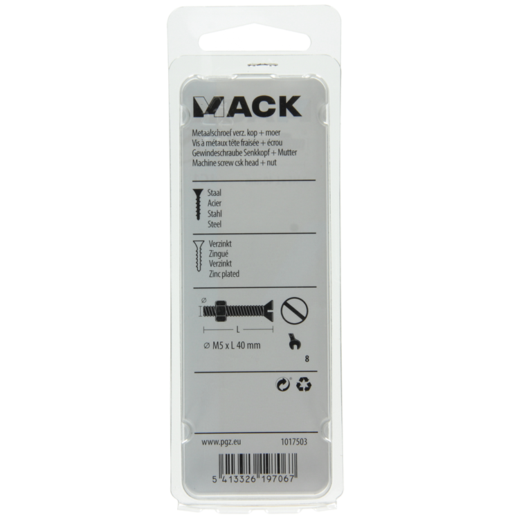 Mack 1017503 - metaalschroef verz. kop + moer verz. 10st m5 x 40 mm | 10 stuks