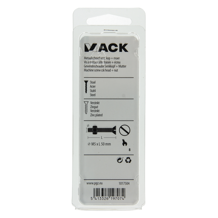 Mack 1017504 - metaalschroef verz. kop + moer verz. 8 st m5 x 50 mm | 10 stuks