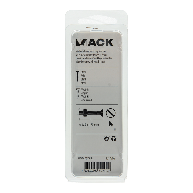 Mack 1017506 - metaalschroef verz. kop + moer verz. 6 st m5 x 70 mm | 10 stuks