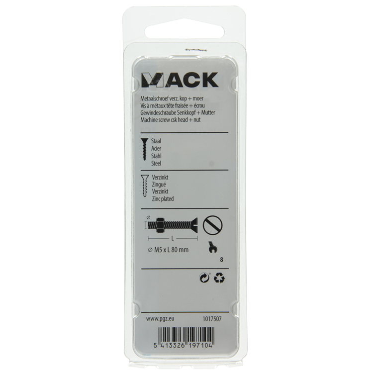 Mack 1017507 - metaalschroef verz. kop + moer verz. 5 st m5 x 80 mm | 10 stuks