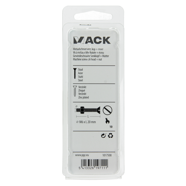 Mack 1017508 - metaalschroef verz. kop + moer verz. 10st m6 x 20 mm | 10 stuks