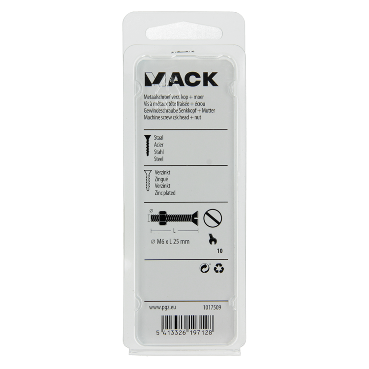 Mack 1017509 - metaalschroef verz. kop + moer verz. 9 st m6 x 25 mm | 10 stuks