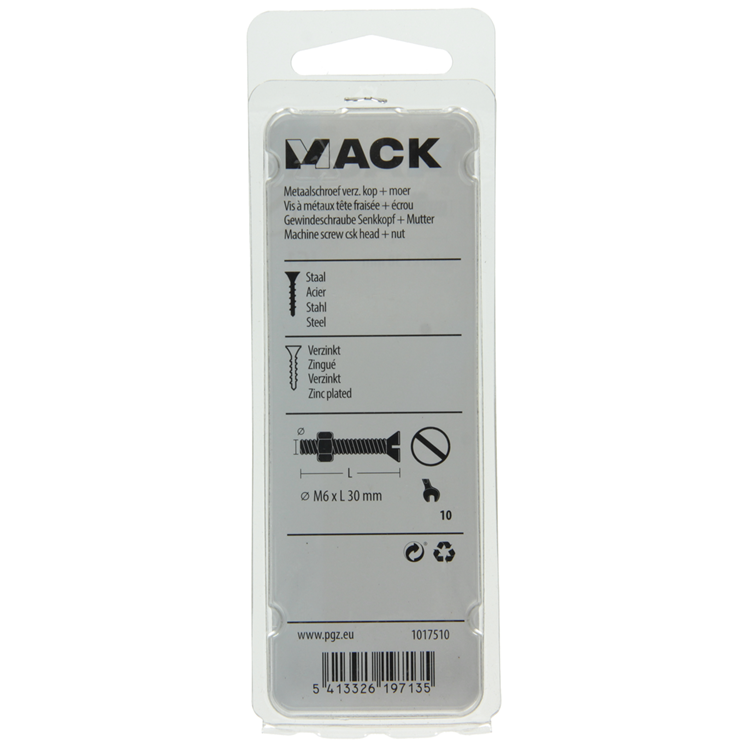 Mack 1017510 - metaalschroef verz. kop + moer verz. 8 st m6 x 30 mm | 10 stuks