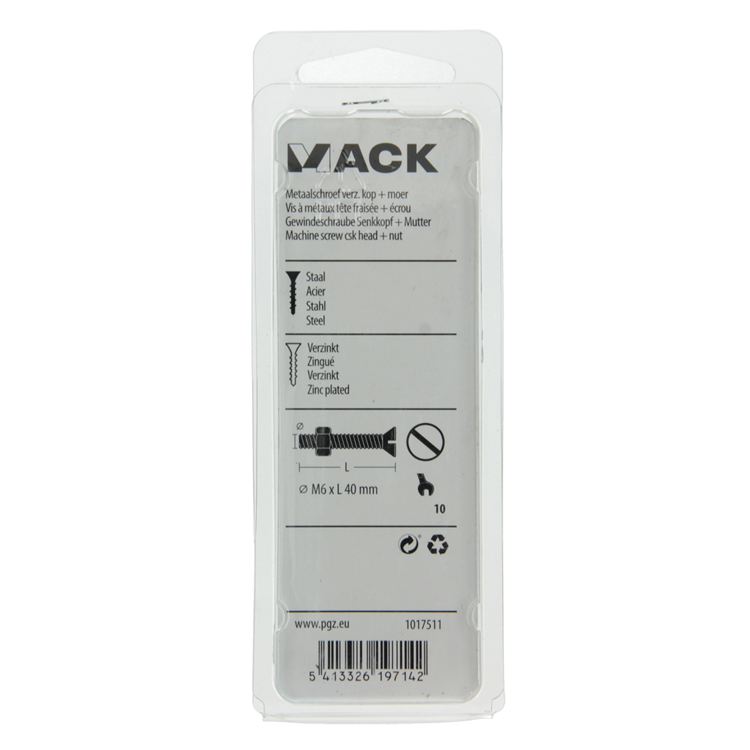 Mack 1017511 - metaalschroef verz. kop + moer verz. 6 st m6 x 40 mm | 10 stuks