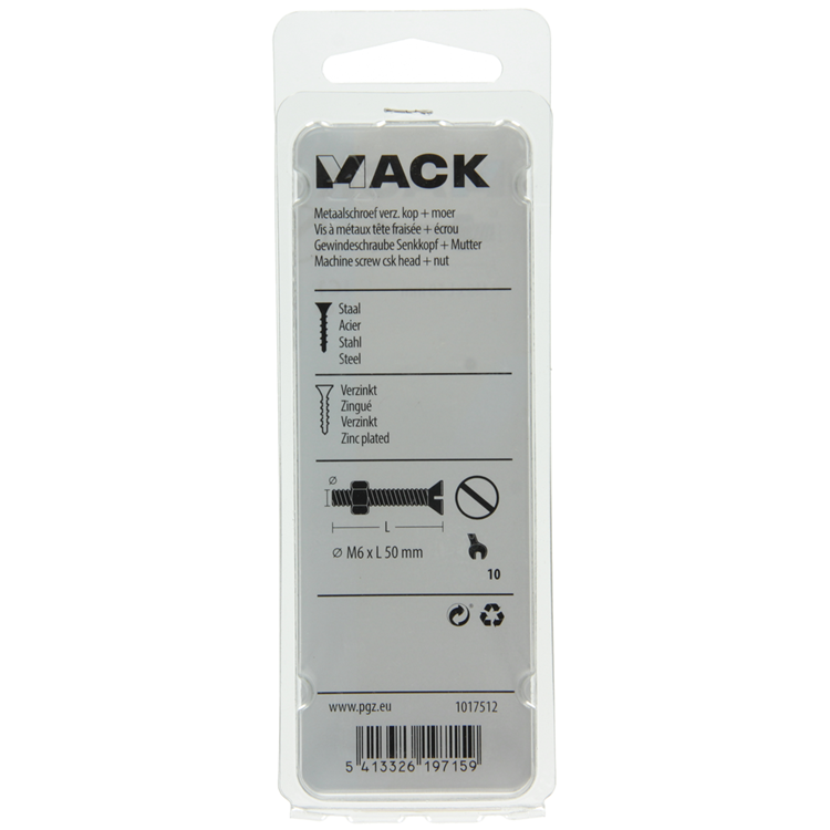 Mack 1017512 - metaalschroef verz. kop + moer verz. 6 st m6 x 50 mm | 10 stuks