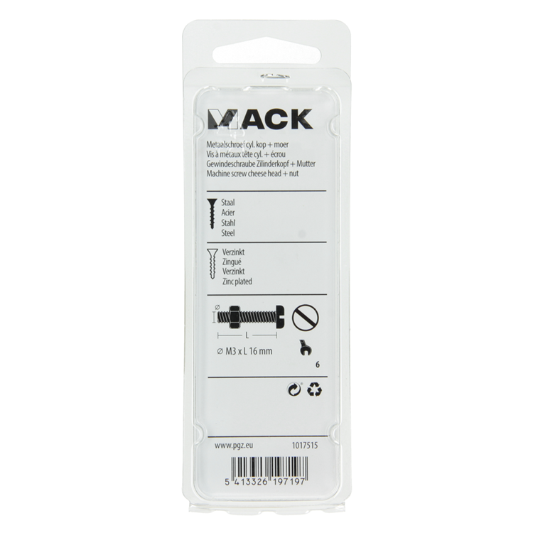 Mack 1017515 - metaalschroef cyl. kop + moer verz. 27 st m3 x 16 mm | 10 stuks
