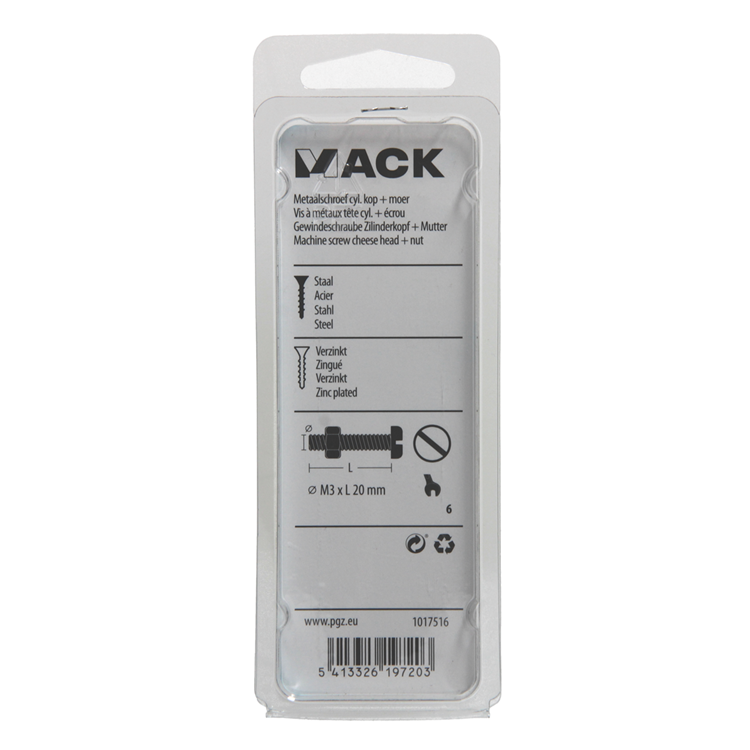 Mack 1017516 - metaalschroef cyl. kop + moer verz. 24 st m3 x 20 mm | 10 stuks