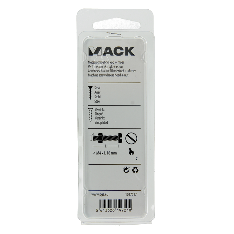 Mack 1017517 - metaalschroef cyl. kop + moer verz. 20 st m4 x 16 mm | 10 stuks