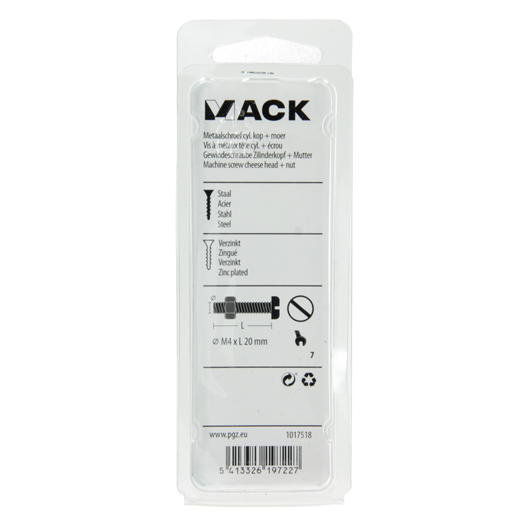 Mack 1017518 - metaalschroef cyl. kop + moer verz. 18 st m4 x 20 mm | 10 stuks
