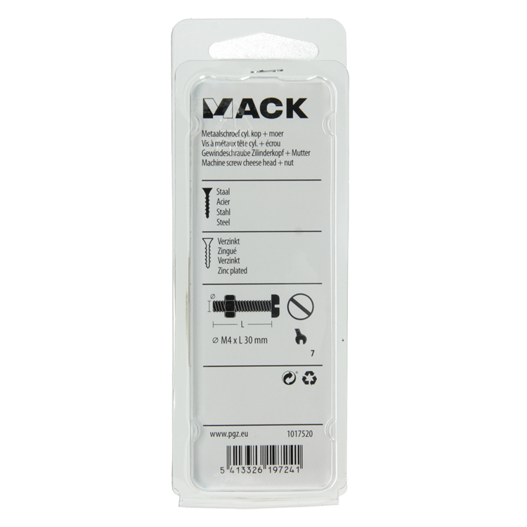 Mack 1017520 - metaalschroef cyl. kop + moer verz. 14 st m4 x 30 mm | 10 stuks