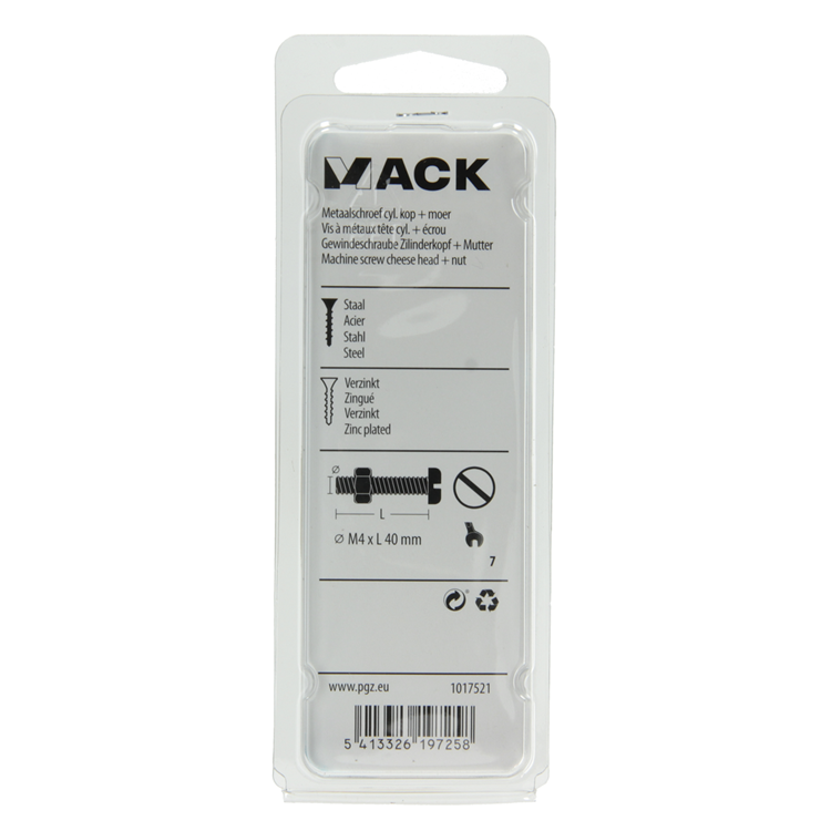 Mack 1017521 - metaalschroef cyl. kop + moer verz. 12 st m4 x 40 mm | 10 stuks