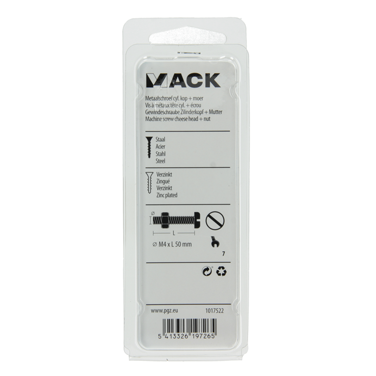 Mack 1017522 - metaalschroef cyl. kop + moer verz. 9 st m4 x 50 mm | 10 stuks