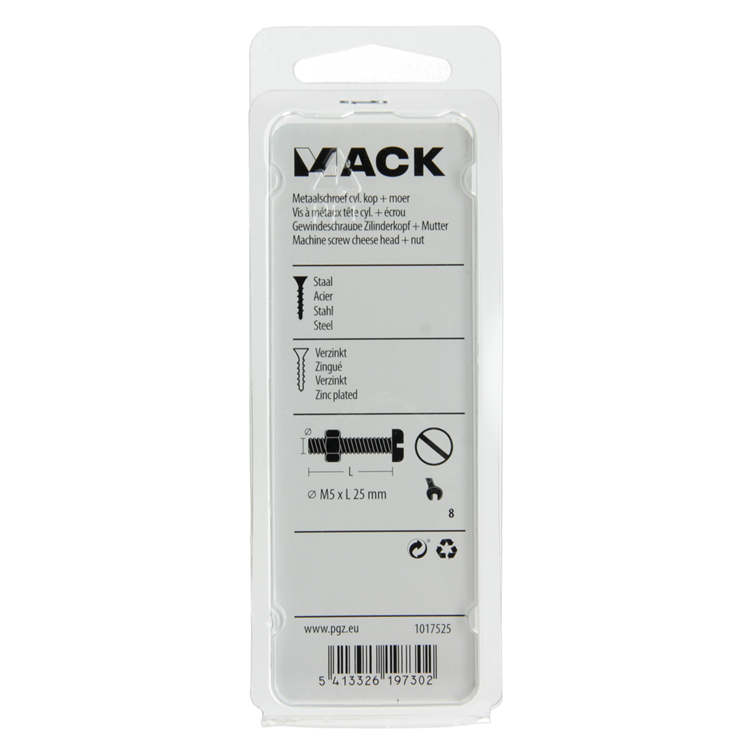 Mack 1017525 - metaalschroef cyl. kop + moer verz. 14 st m5 x 25 mm | 10 stuks