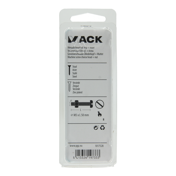 Mack 1017528 - metaalschroef cyl. kop + moer verz. 8 st m5 x 50 mm | 10 stuks