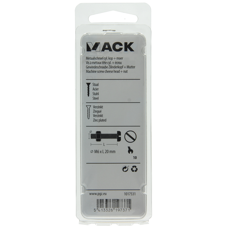 Mack 1017531 - metaalschroef cyl. kop + moer verz. 10 st m6 x 20 mm | 10 stuks
