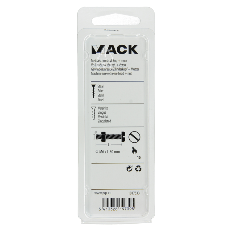 Mack 1017533 - metaalschroef cyl. kop + moer verz. 8 st m6 x 30 mm | 10 stuks