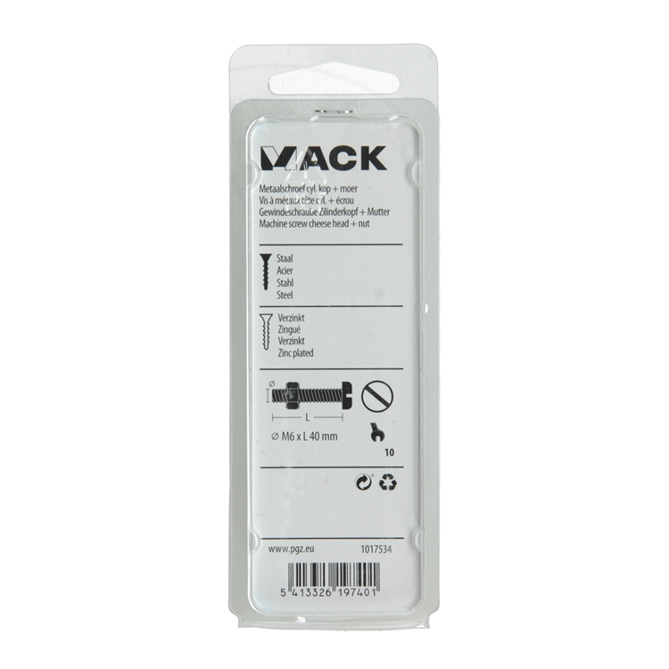 Mack 1017534 - metaalschroef cyl. kop + moer verz. 6 st m6 x 40 mm | 10 stuks