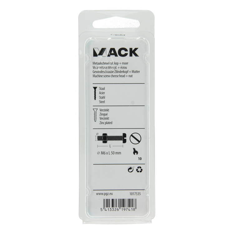 Mack 1017535 - metaalschroef cyl. kop + moer verz. 5 st m6 x 50 mm | 10 stuks