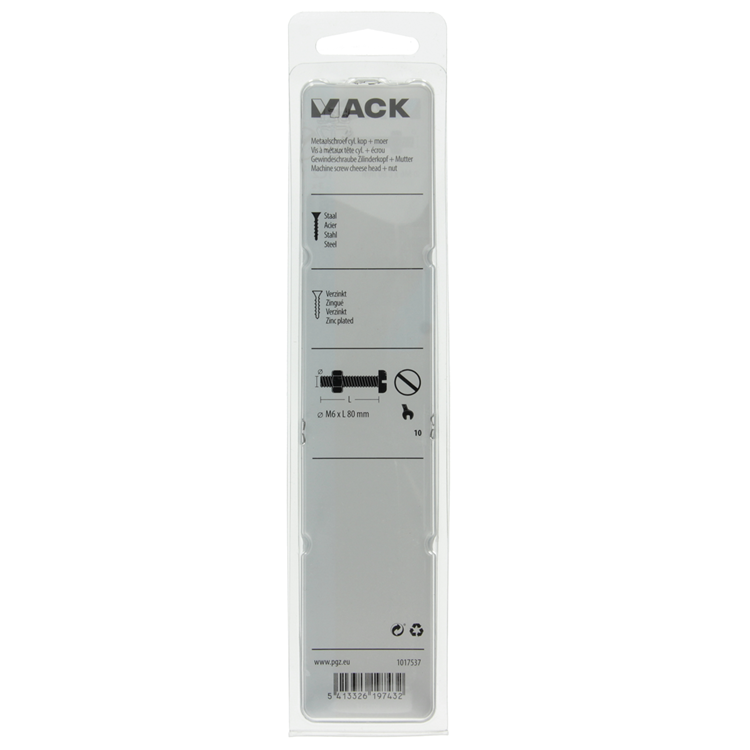 Mack 1017537 - metaalschroef cyl. kop + moer verz. 3 st m6 x 80 mm | 5 stuks
