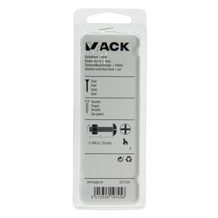 Mack 1017539 - kachelbout + moer staal verzinkt 22 st m4 x 16 mm | 10 stuks