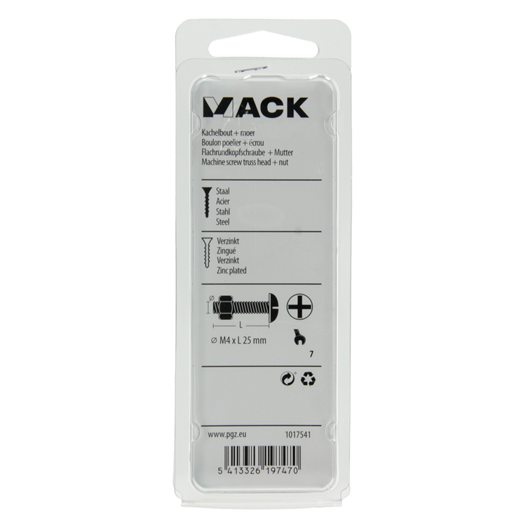 Mack 1017541 - kachelbout + moer staal verzinkt 18 st m4 x 25 mm | 10 stuks