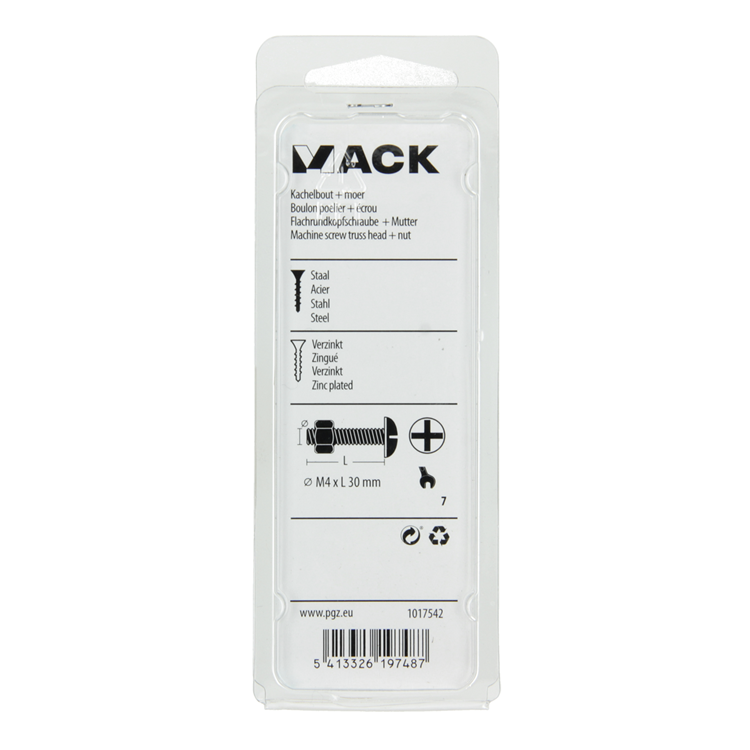 Mack 1017542 - kachelbout + moer staal verzinkt 16 st m4 x 30 mm | 10 stuks