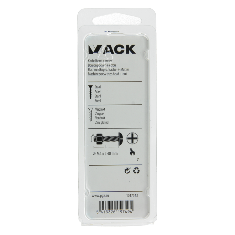 Mack 1017543 - kachelbout + moer staal verzinkt 14 st m4 x 40 mm | 10 stuks