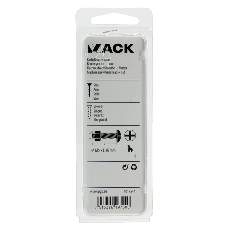 Mack 1017544 - kachelbout + moer staal verzinkt 16 st m5 x 16 mm | 10 stuks