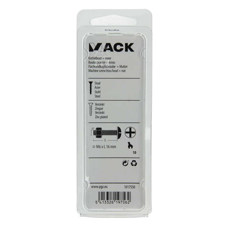 Mack 1017550 - kachelbout + moer staal verzinkt 10 st m6 x 16 mm | 5 stuks