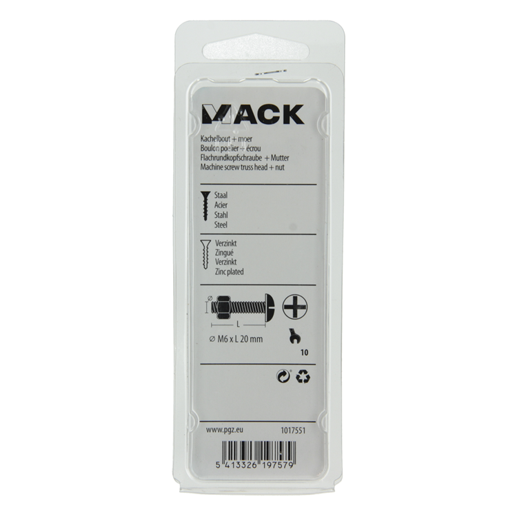 Mack 1017551 - kachelbout + moer staal verzinkt 9 st m6 x 20 mm | 5 stuks