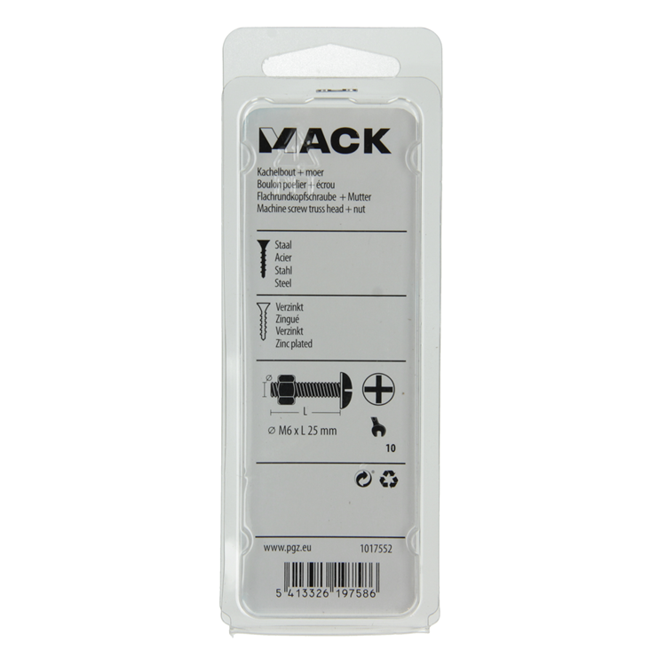 Mack 1017552 - kachelbout + moer staal verzinkt 8 st m6 x 25 mm | 5 stuks